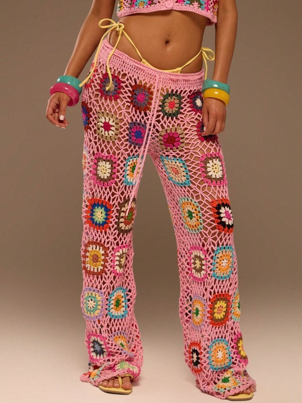 Multicolor Boho Women's Mixed Crochet Knit Wide Leg Cover-Ups - Picture 3 of 5
